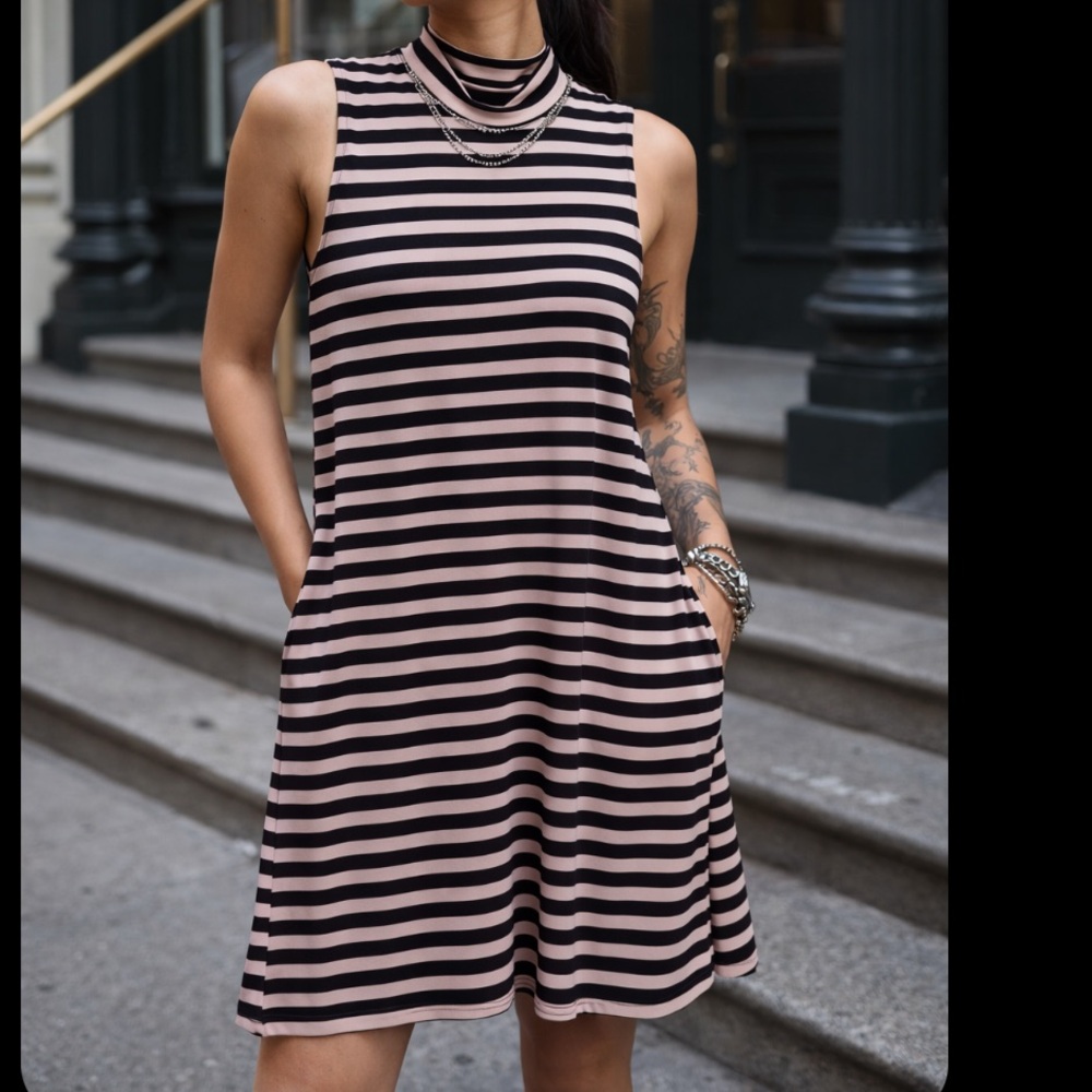 Avec Les Filles Striped Mock Neck Swing Mini Dress